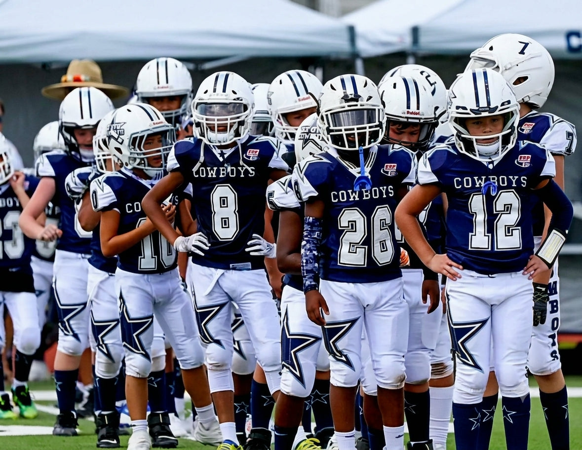 Kids in Cowboy's football uniforms.