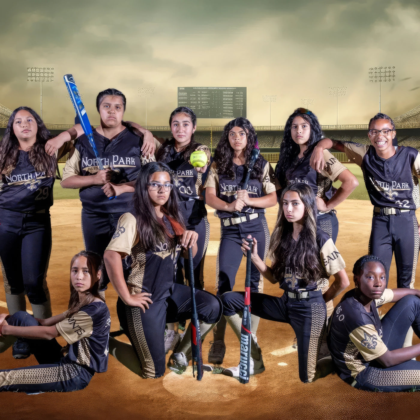 Teen softball league in black and gold uniforms.